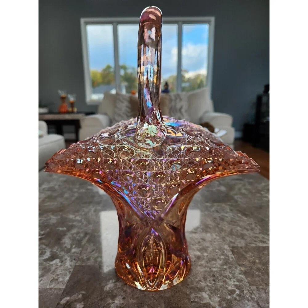 Vintage L.E.Smith Carnival Glass Pink Bride's Basket Vase, 12" - Picture 7 of 7